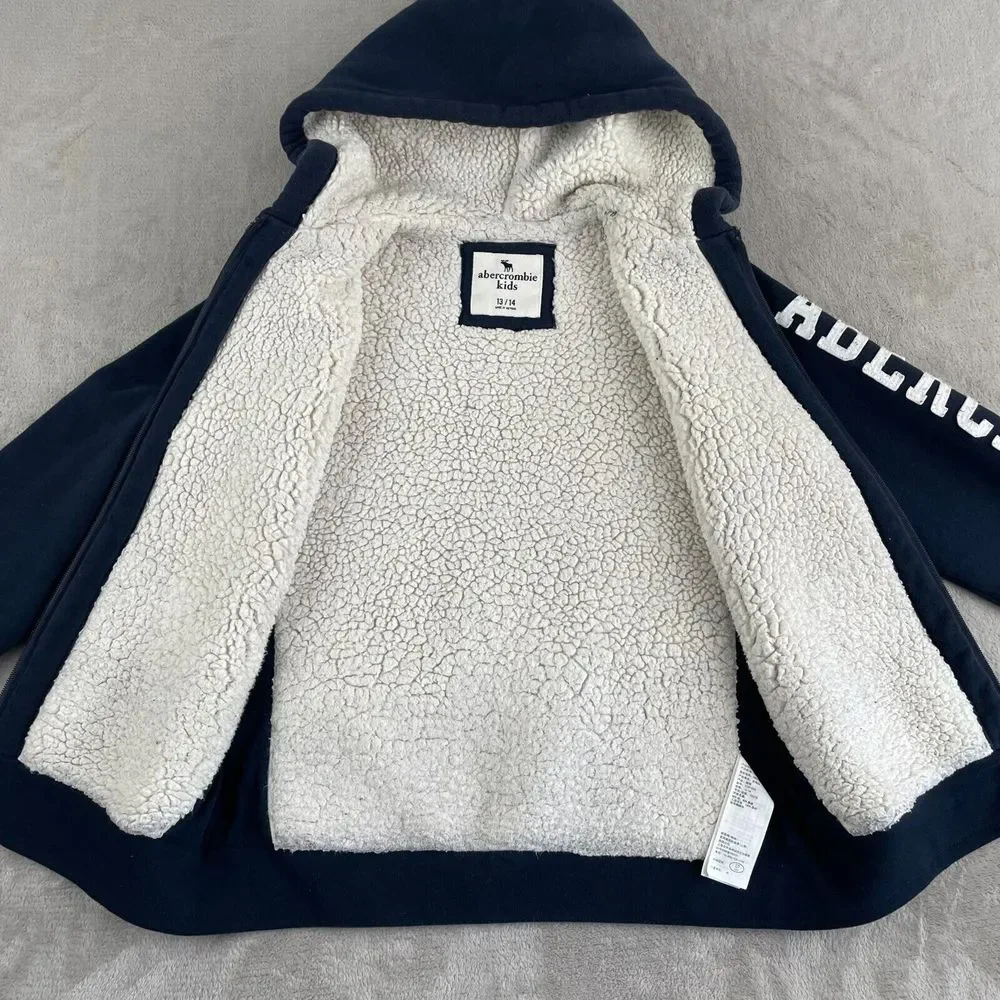 Abercrombie Fitch Kids 13/14 Hoodie Full‎ Zip Sherpa Lined Spell Out Logo Preppy